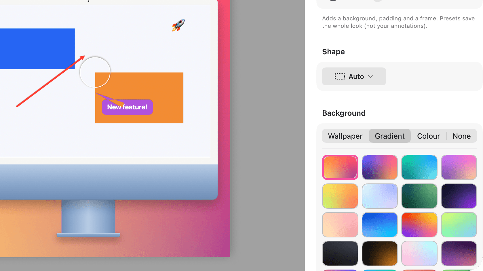 A screenshot gets a wallpaper, then a gradient, more padding, rounded corners, a hugging shadow and a MacBook Pro frame, then snaps to an exact 1200 × 630 Open Graph size